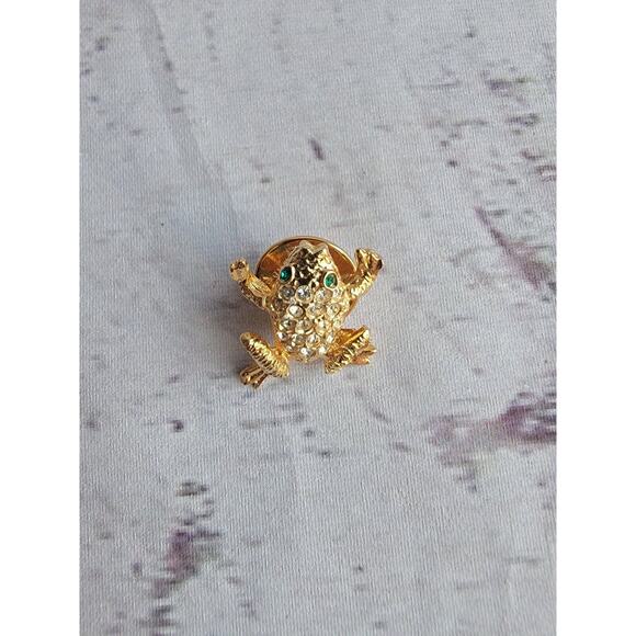 Frog Pin Gold tone with Rhinestones Green Eyes Hat Pin Brooch - Picture 2 of 5
